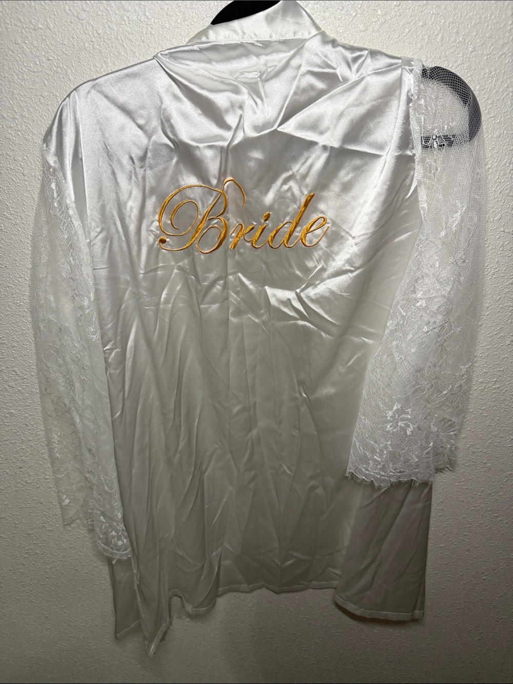 Bride Satin & Lace Robe in White with Gold Embroidery